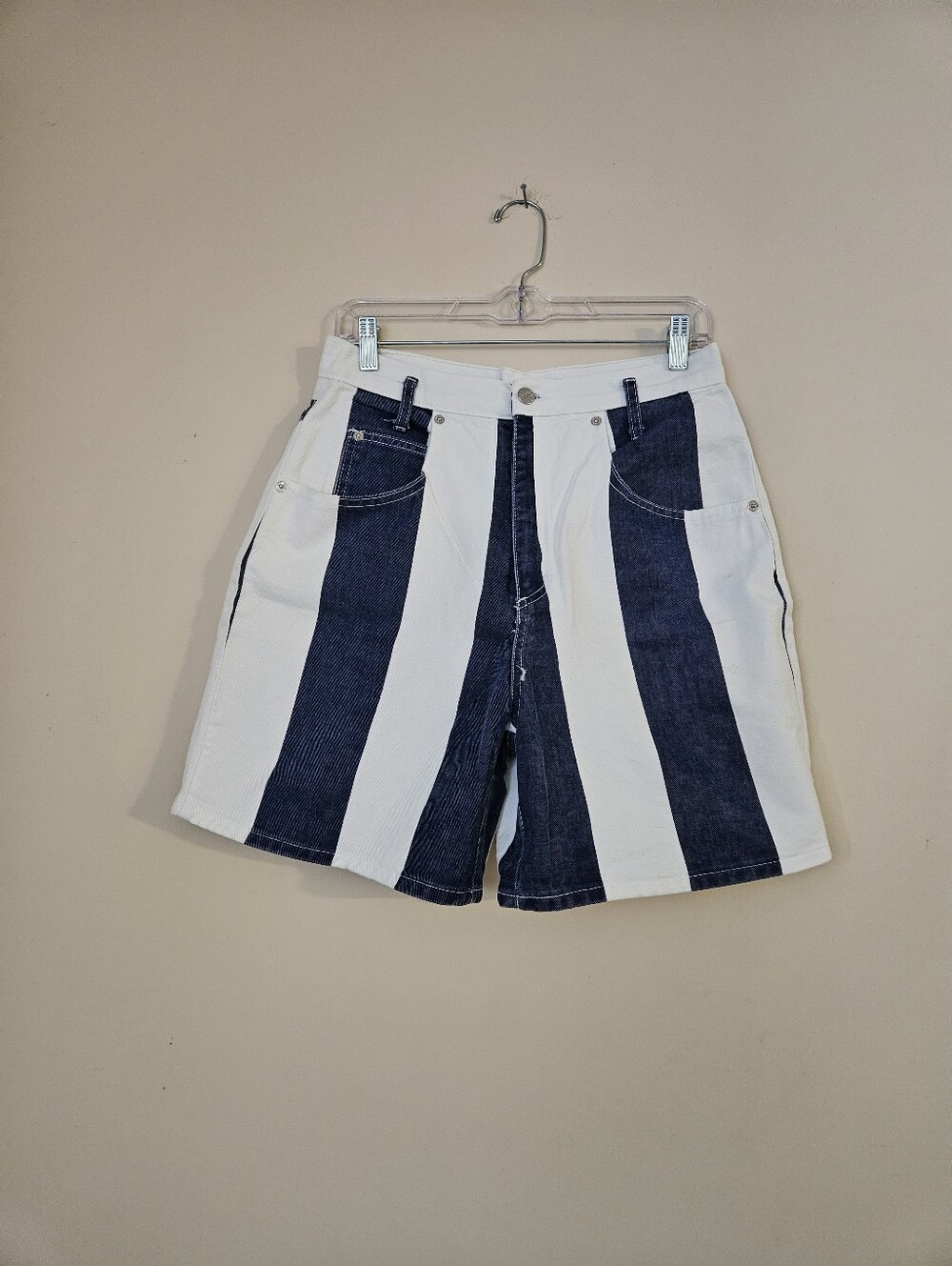 BeBop Women's Navy & White Vertical Stripe Jean Shorts, Size 13/14